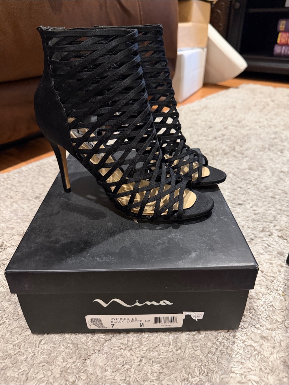 Nina Black Lattice Open-Toe Stiletto Booties